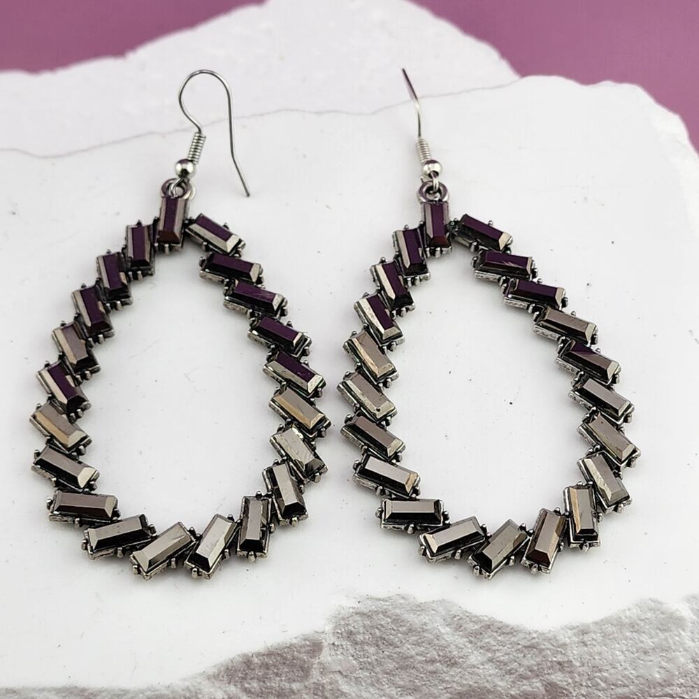 Gunmetal Metallic Baguette Teardrop Earrings Open Hoop Long Glam Statement Pair